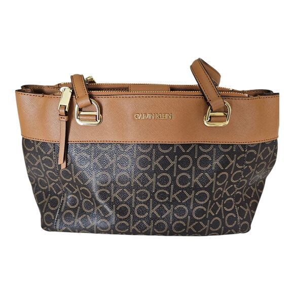 Calvin Klein Signature Monogram Tote Bag Purse Brown Tan This classic - Picture 2 of 8